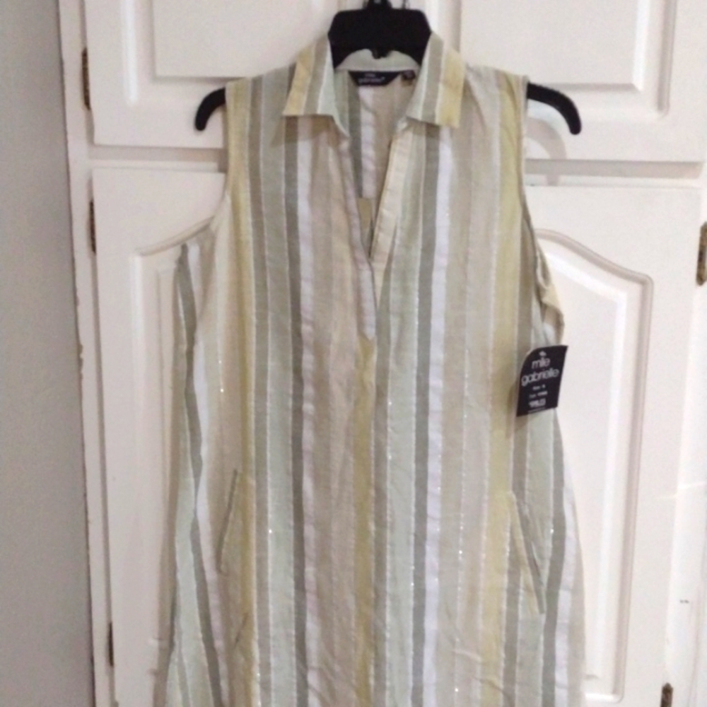 Mlle Gabrielle Cotton Sleeveless Dress Women's Small Metallic Stripes Green New